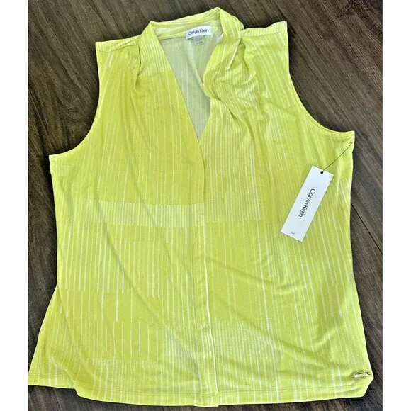 Calvin Klein Women's Pleated Geometric striped V-Neck Top Lime & White M - Picture 5 of 8